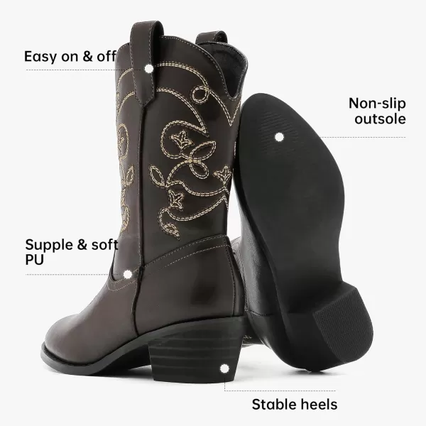 Girls Cowboy Boots Pull On Cowgirl Boots Pointed Toe Mid Calf Western Boots for Little Kid Big KidBrown