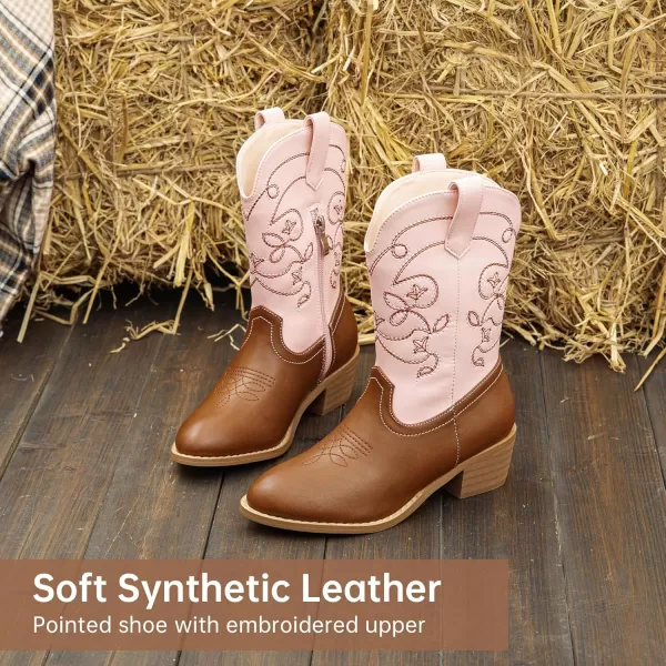 Girls Cowboy Boots Pull On Cowgirl Boots Pointed Toe Mid Calf Western Boots for Little Kid Big KidPinkBrown