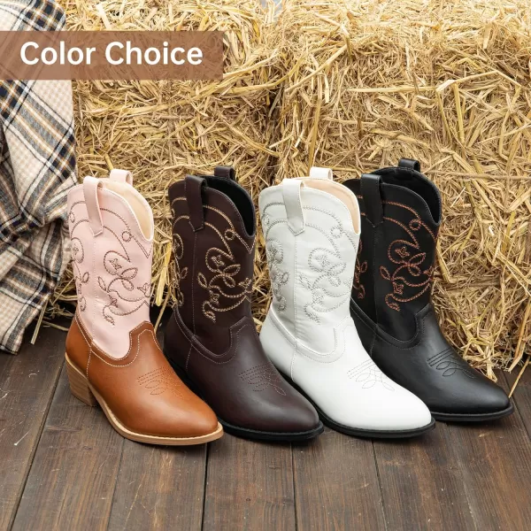 Girls Cowboy Boots Pull On Cowgirl Boots Pointed Toe Mid Calf Western Boots for Little Kid Big KidPinkBrown