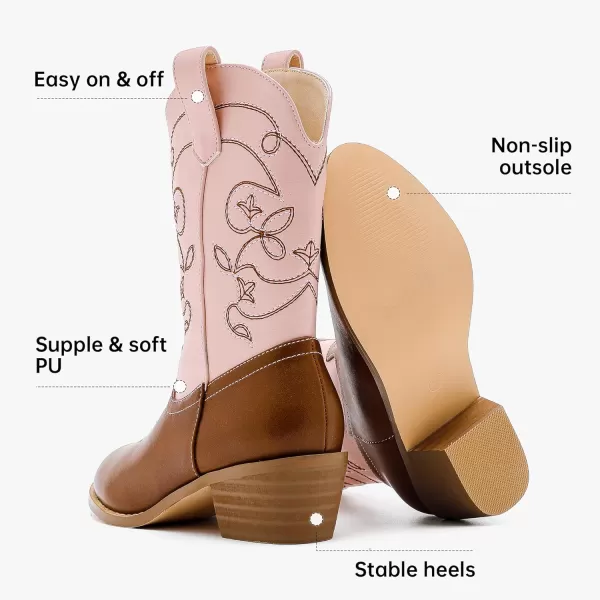 Girls Cowboy Boots Pull On Cowgirl Boots Pointed Toe Mid Calf Western Boots for Little Kid Big KidPinkBrown