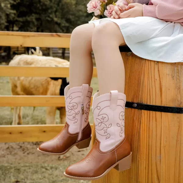 Girls Cowboy Boots Pull On Cowgirl Boots Pointed Toe Mid Calf Western Boots for Little Kid Big KidPinkBrown