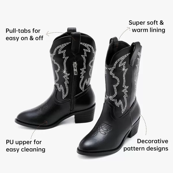 Girls Cowboy Boots Pull On Cowgirl Boots Pointed Toe Mid Calf Western Boots for Little Kid Big KidRhinestone Black