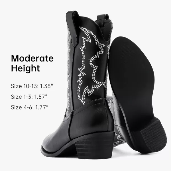 Girls Cowboy Boots Pull On Cowgirl Boots Pointed Toe Mid Calf Western Boots for Little Kid Big KidRhinestone Black