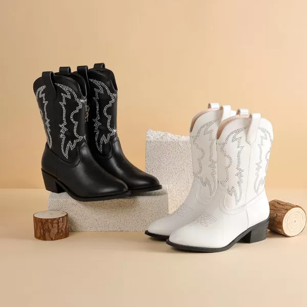 Girls Cowboy Boots Pull On Cowgirl Boots Pointed Toe Mid Calf Western Boots for Little Kid Big KidRhinestone Black