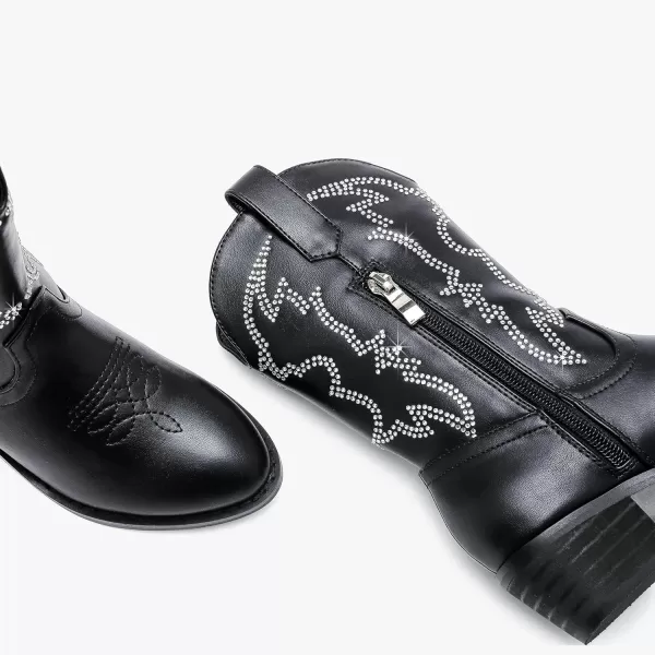 Girls Cowboy Boots Pull On Cowgirl Boots Pointed Toe Mid Calf Western Boots for Little Kid Big KidRhinestone Black