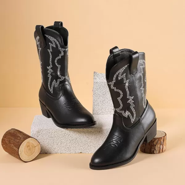 Girls Cowboy Boots Pull On Cowgirl Boots Pointed Toe Mid Calf Western Boots for Little Kid Big KidRhinestone Black