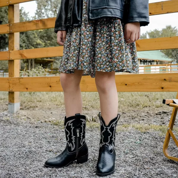 Girls Cowboy Boots Pull On Cowgirl Boots Pointed Toe Mid Calf Western Boots for Little Kid Big KidRhinestone Black
