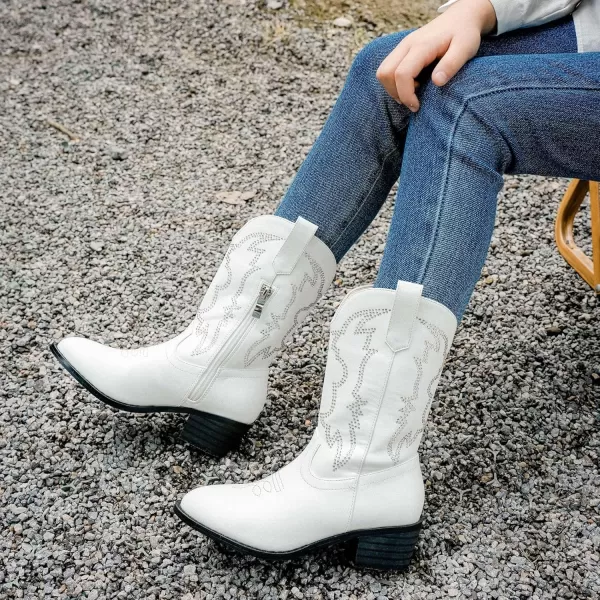 Girls Cowboy Boots Pull On Cowgirl Boots Pointed Toe Mid Calf Western Boots for Little Kid Big KidRhinestone White