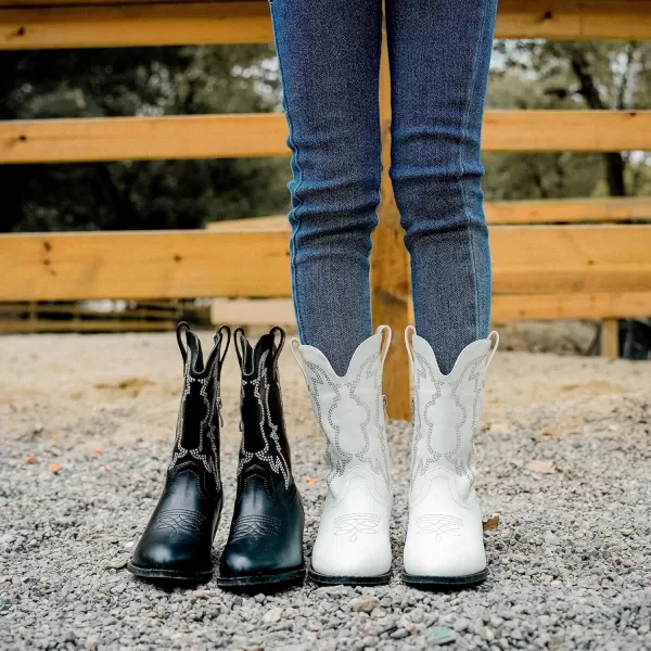 Girls Cowboy Boots Pull On Cowgirl Boots Pointed Toe Mid Calf Western Boots for Little Kid Big KidRhinestone White
