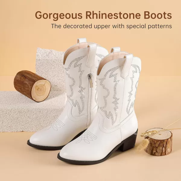 Girls Cowboy Boots Pull On Cowgirl Boots Pointed Toe Mid Calf Western Boots for Little Kid Big KidRhinestone White
