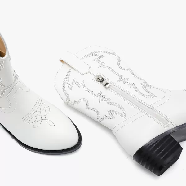 Girls Cowboy Boots Pull On Cowgirl Boots Pointed Toe Mid Calf Western Boots for Little Kid Big KidRhinestone White