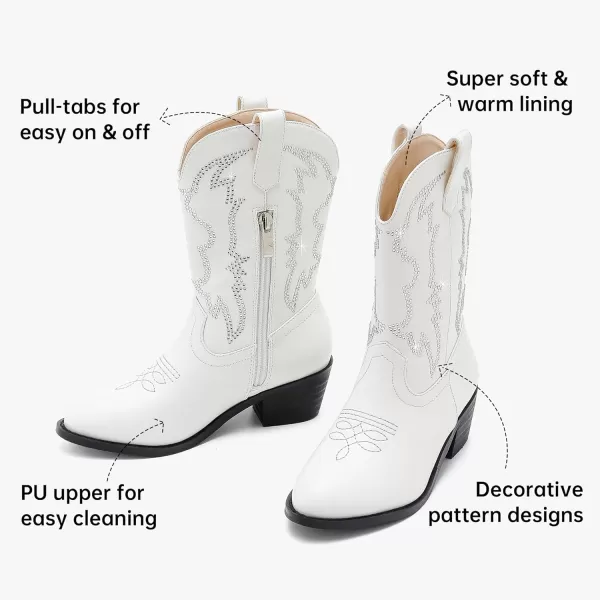 Girls Cowboy Boots Pull On Cowgirl Boots Pointed Toe Mid Calf Western Boots for Little Kid Big KidRhinestone White