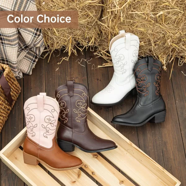Girls Cowboy Boots Pull On Cowgirl Boots Pointed Toe Mid Calf Western Boots for Little Kid Big KidWhite