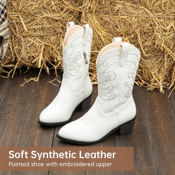 Girls Cowboy Boots Pull On Cowgirl Boots Pointed Toe Mid Calf Western Boots for Little Kid Big KidWhite