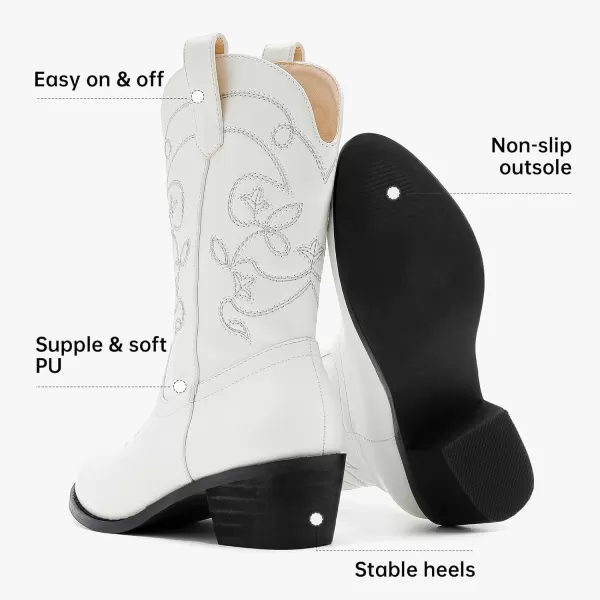 Girls Cowboy Boots Pull On Cowgirl Boots Pointed Toe Mid Calf Western Boots for Little Kid Big KidWhite