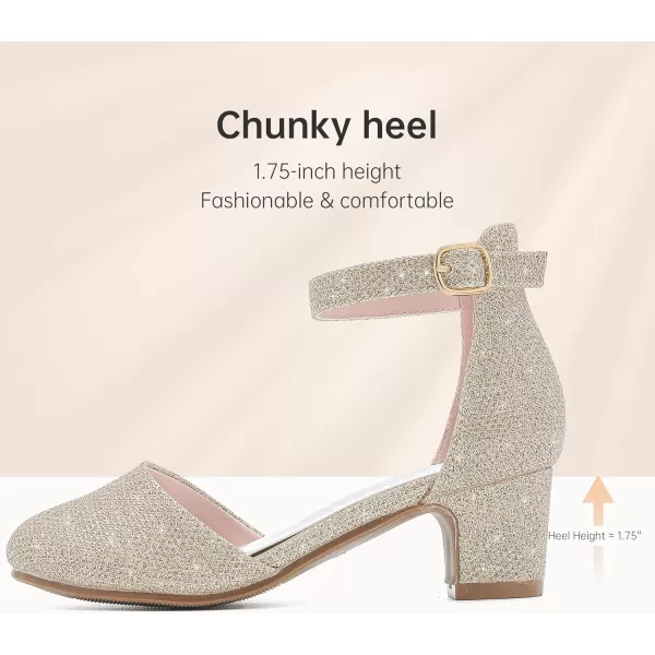 Girls Dress Shoes Closed Toe Chunky High Heels Ankle Strap Wedding Party Pump ShoesLovely Glitter Gold