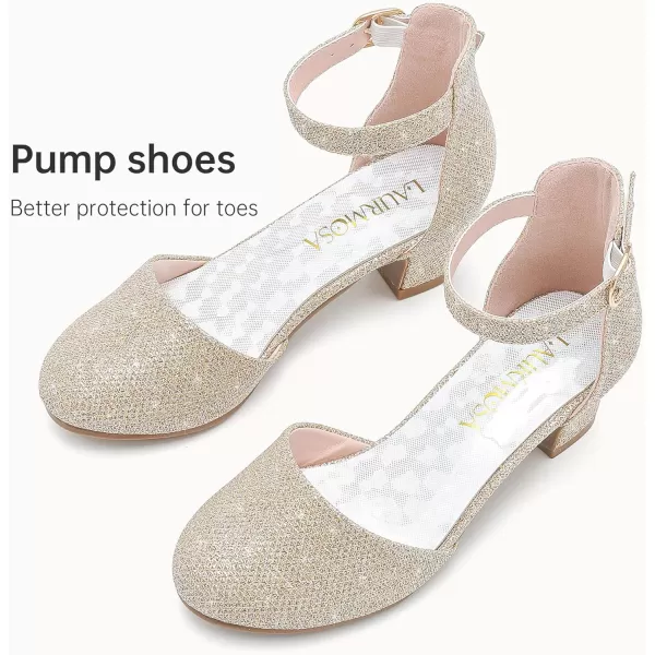 Girls Dress Shoes Closed Toe Chunky High Heels Ankle Strap Wedding Party Pump ShoesLovely Glitter Gold
