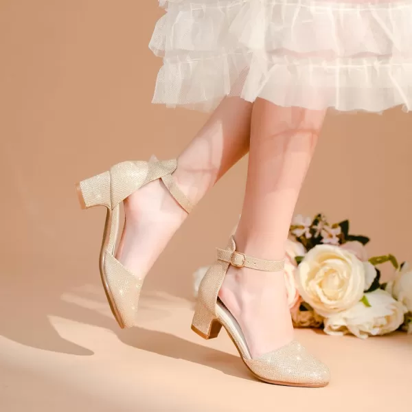 Girls Dress Shoes Closed Toe Chunky High Heels Ankle Strap Wedding Party Pump ShoesLovely Glitter Gold