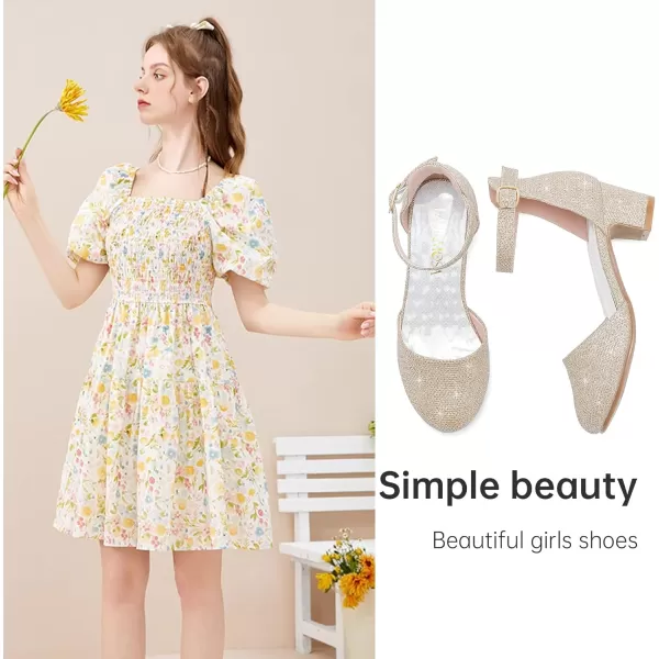 Girls Dress Shoes Closed Toe Chunky High Heels Ankle Strap Wedding Party Pump ShoesLovely Glitter Gold