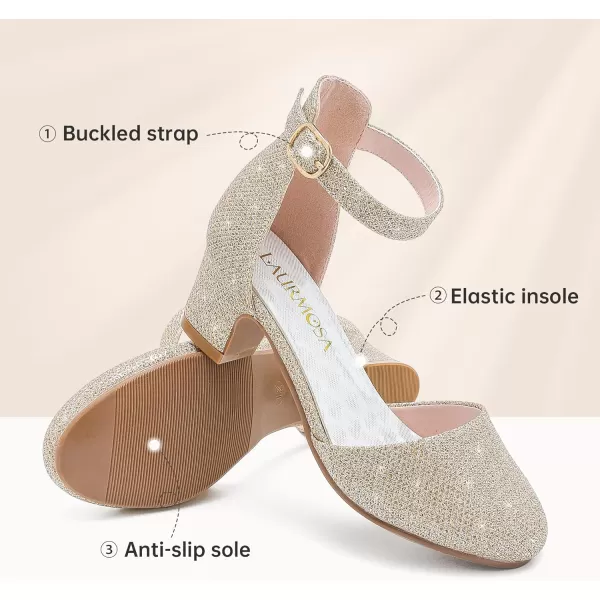 Girls Dress Shoes Closed Toe Chunky High Heels Ankle Strap Wedding Party Pump ShoesLovely Glitter Gold