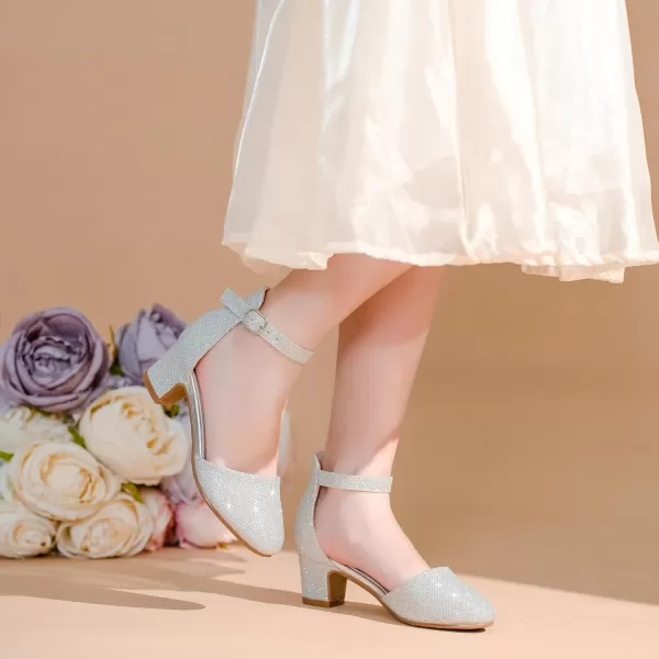 Girls Dress Shoes Closed Toe Chunky High Heels Ankle Strap Wedding Party Pump ShoesLovely Glitter Silver
