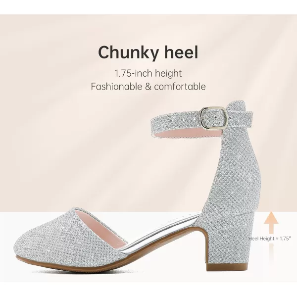 Girls Dress Shoes Closed Toe Chunky High Heels Ankle Strap Wedding Party Pump ShoesLovely Glitter Silver