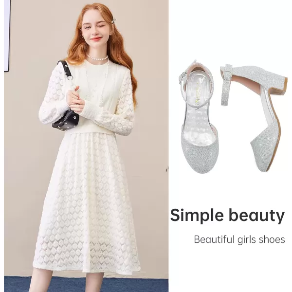 Girls Dress Shoes Closed Toe Chunky High Heels Ankle Strap Wedding Party Pump ShoesLovely Glitter Silver
