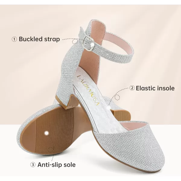 Girls Dress Shoes Closed Toe Chunky High Heels Ankle Strap Wedding Party Pump ShoesLovely Glitter Silver