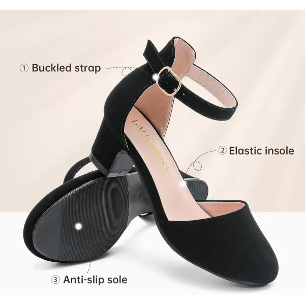 Girls Dress Shoes Closed Toe Chunky High Heels Ankle Strap Wedding Party Pump ShoesLovely Nubuck Black