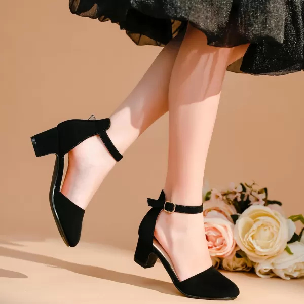 Girls Dress Shoes Closed Toe Chunky High Heels Ankle Strap Wedding Party Pump ShoesLovely Nubuck Black