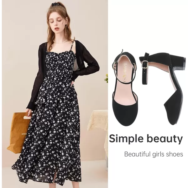 Girls Dress Shoes Closed Toe Chunky High Heels Ankle Strap Wedding Party Pump ShoesLovely Nubuck Black