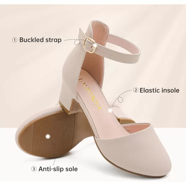 Girls Dress Shoes Closed Toe Chunky High Heels Ankle Strap Wedding Party Pump ShoesLovely Nubuck Nude