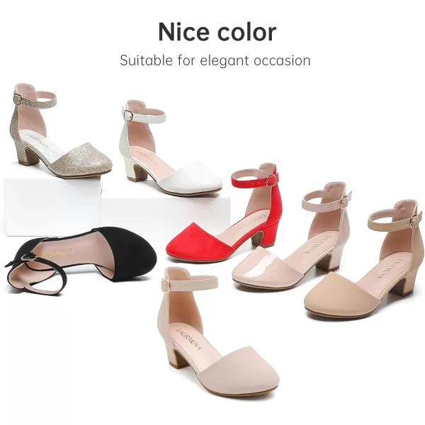 Girls Dress Shoes Closed Toe Chunky High Heels Ankle Strap Wedding Party Pump ShoesLovely Nubuck Nude