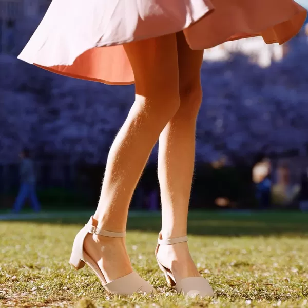 Girls Dress Shoes Closed Toe Chunky High Heels Ankle Strap Wedding Party Pump ShoesLovely Nubuck Nude