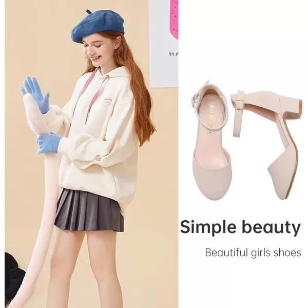 Girls Dress Shoes Closed Toe Chunky High Heels Ankle Strap Wedding Party Pump ShoesLovely Nubuck Nude