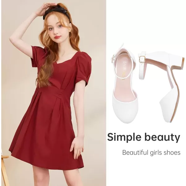 Girls Dress Shoes Closed Toe Chunky High Heels Ankle Strap Wedding Party Pump ShoesLovely Pu White