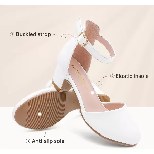 Girls Dress Shoes Closed Toe Chunky High Heels Ankle Strap Wedding Party Pump ShoesLovely Pu White