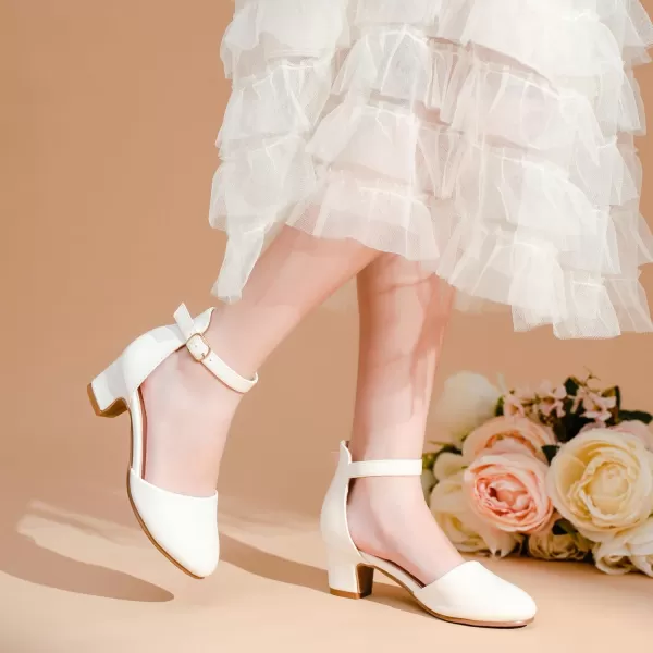 Girls Dress Shoes Closed Toe Chunky High Heels Ankle Strap Wedding Party Pump ShoesLovely Pu White