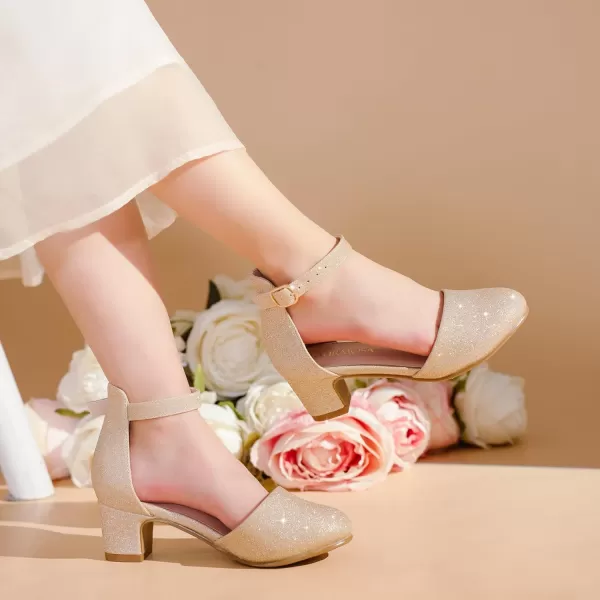 Girls Dress Shoes Closed Toe Chunky High Heels Ankle Strap Wedding Party Pump ShoesLovely Shimmer Gold