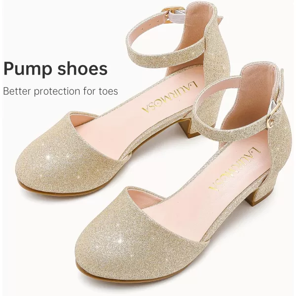 Girls Dress Shoes Closed Toe Chunky High Heels Ankle Strap Wedding Party Pump ShoesLovely Shimmer Gold