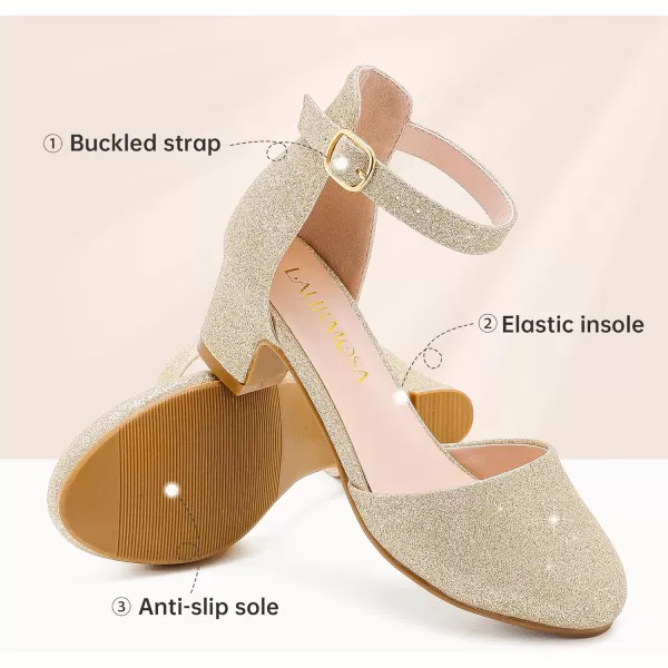 Girls Dress Shoes Closed Toe Chunky High Heels Ankle Strap Wedding Party Pump ShoesLovely Shimmer Gold