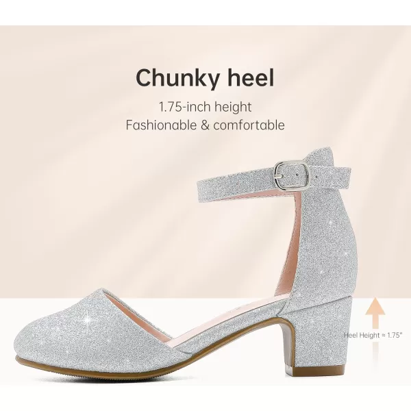 Girls Dress Shoes Closed Toe Chunky High Heels Ankle Strap Wedding Party Pump ShoesLovely Shimmer Silver