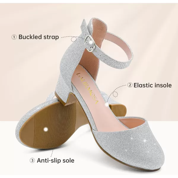 Girls Dress Shoes Closed Toe Chunky High Heels Ankle Strap Wedding Party Pump ShoesLovely Shimmer Silver