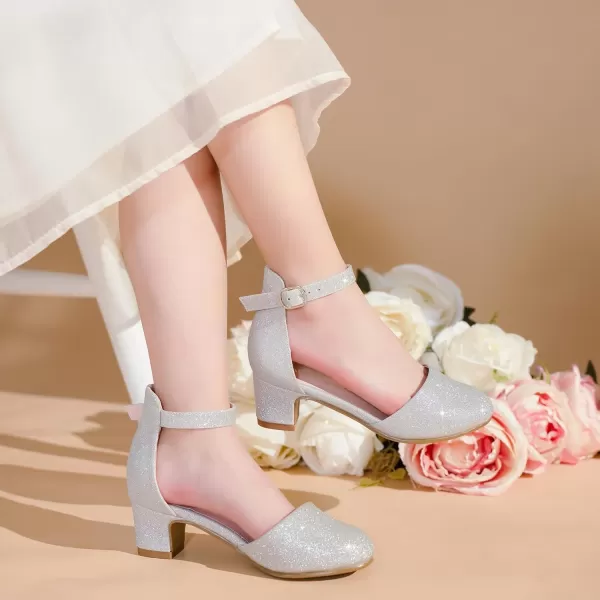 Girls Dress Shoes Closed Toe Chunky High Heels Ankle Strap Wedding Party Pump ShoesLovely Shimmer Silver