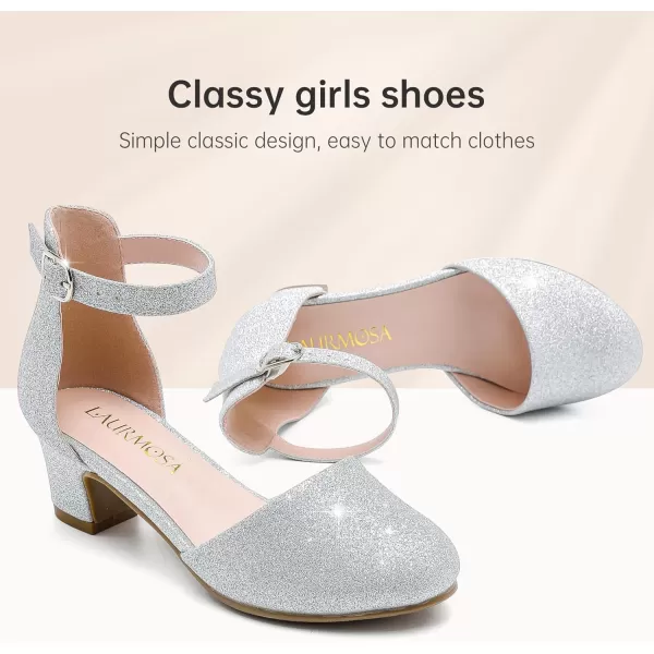 Girls Dress Shoes Closed Toe Chunky High Heels Ankle Strap Wedding Party Pump ShoesLovely Shimmer Silver