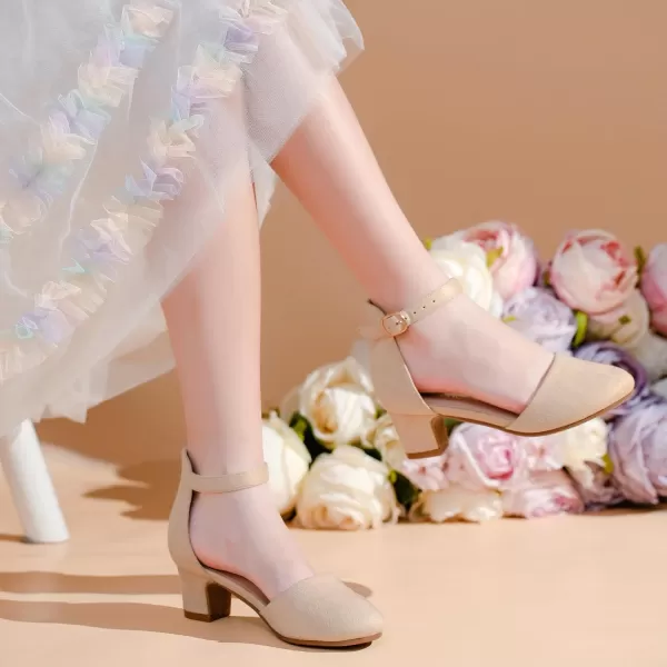 Girls Dress Shoes Closed Toe Chunky High Heels Ankle Strap Wedding Party Pump ShoesLovely Suede Nude