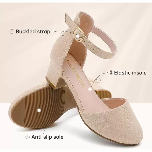 Girls Dress Shoes Closed Toe Chunky High Heels Ankle Strap Wedding Party Pump ShoesLovely Suede Nude