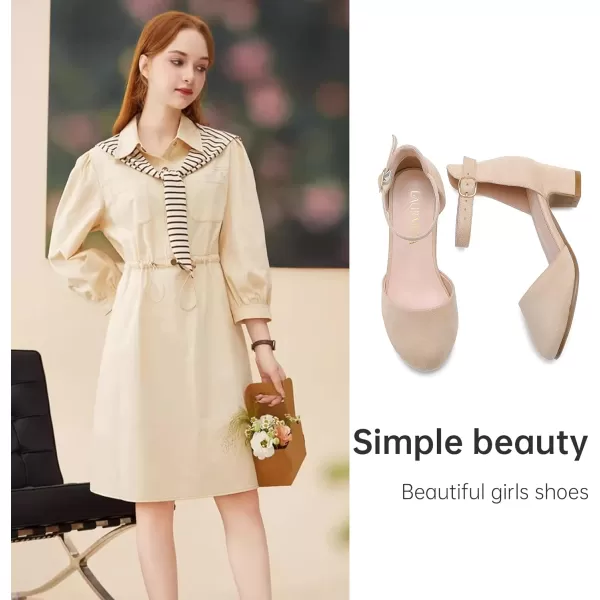 Girls Dress Shoes Closed Toe Chunky High Heels Ankle Strap Wedding Party Pump ShoesLovely Suede Nude