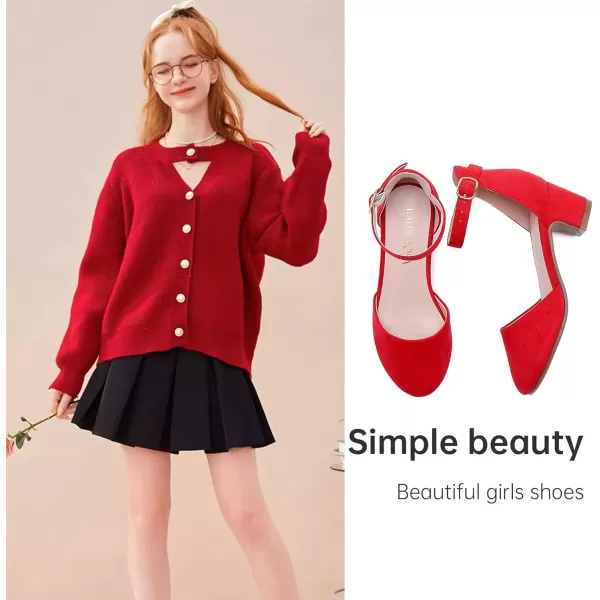 Girls Dress Shoes Closed Toe Chunky High Heels Ankle Strap Wedding Party Pump ShoesLovely Suede Red