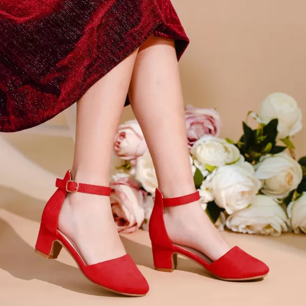 Girls Dress Shoes Closed Toe Chunky High Heels Ankle Strap Wedding Party Pump ShoesLovely Suede Red
